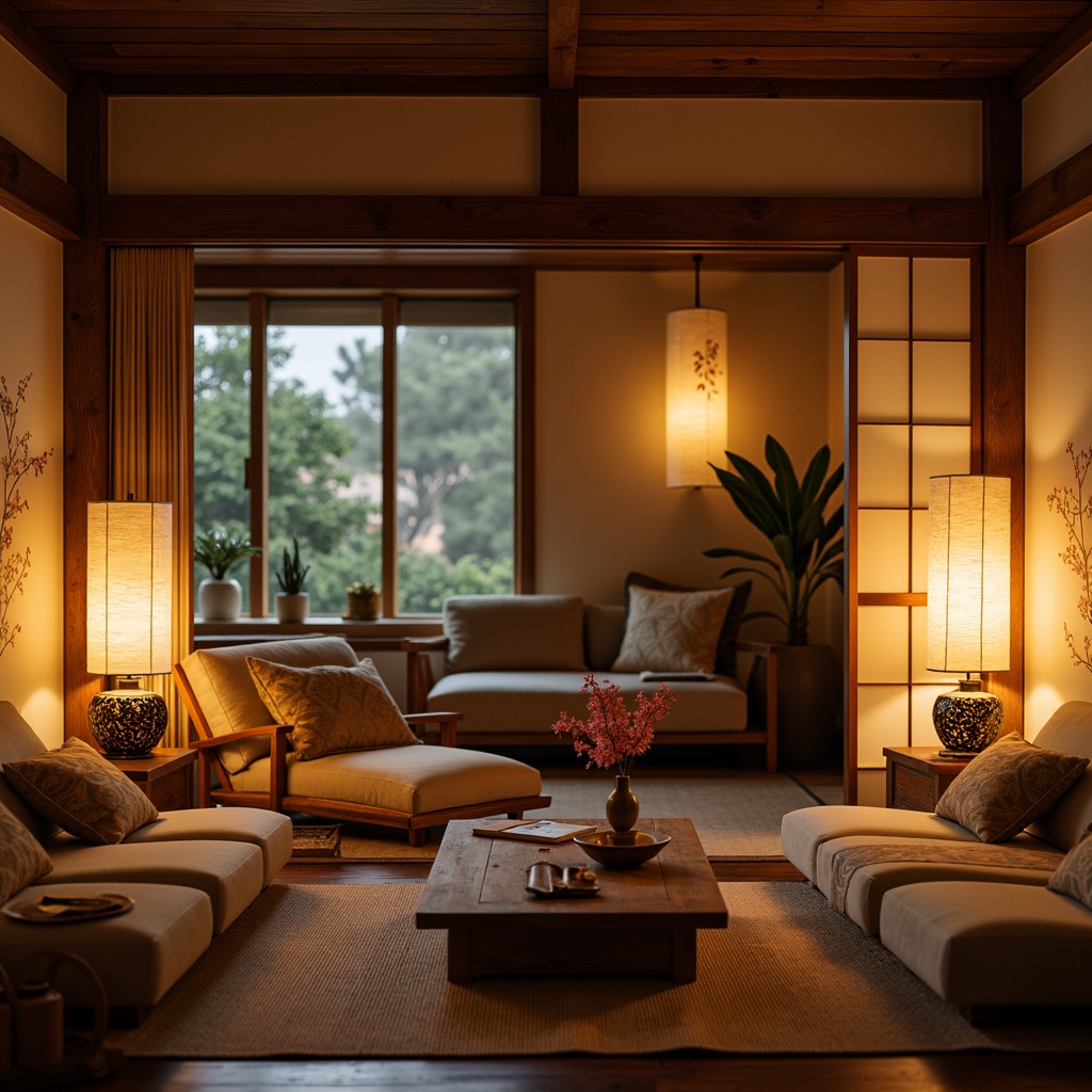 Prompt: Traditional Asian-style living room, warm soft lighting, paper lanterns, table lamps with intricately carved wooden bases, floor lamps with silk shades, natural materials, woven bamboo furniture, rice paper walls, sliding Shoji screens, minimalist decor, subtle color palette, low seating, tatami mats, Japanese-inspired textiles, delicate cherry blossom patterns, gentle warm glow, softbox lighting, 1/1 composition, shallow depth of field, realistic textures.