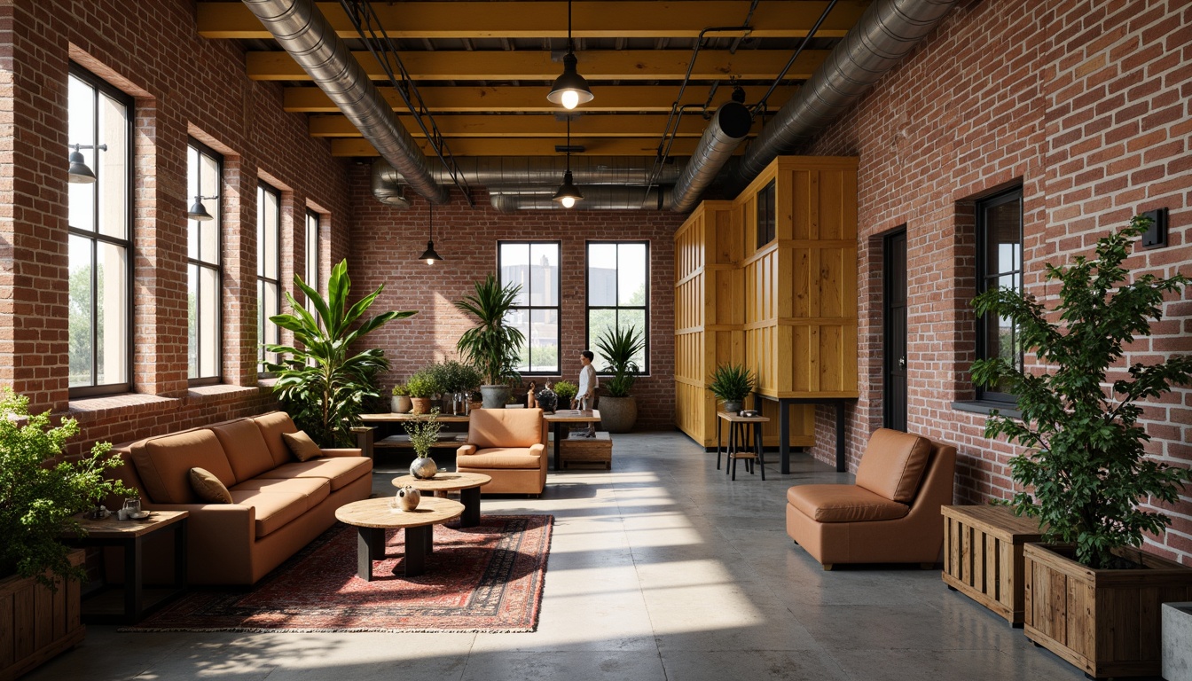 Prompt: Exposed brick walls, industrial pipes, metal beams, reclaimed wood accents, distressed concrete floors, light yellow painted ceilings, warm-toned wooden crates, vintage factory lights, rustic metal furniture, worn leather upholstery, earthy terracotta pots, lush greenery, soft warm lighting, shallow depth of field, 1/1 composition, realistic textures, ambient occlusion.