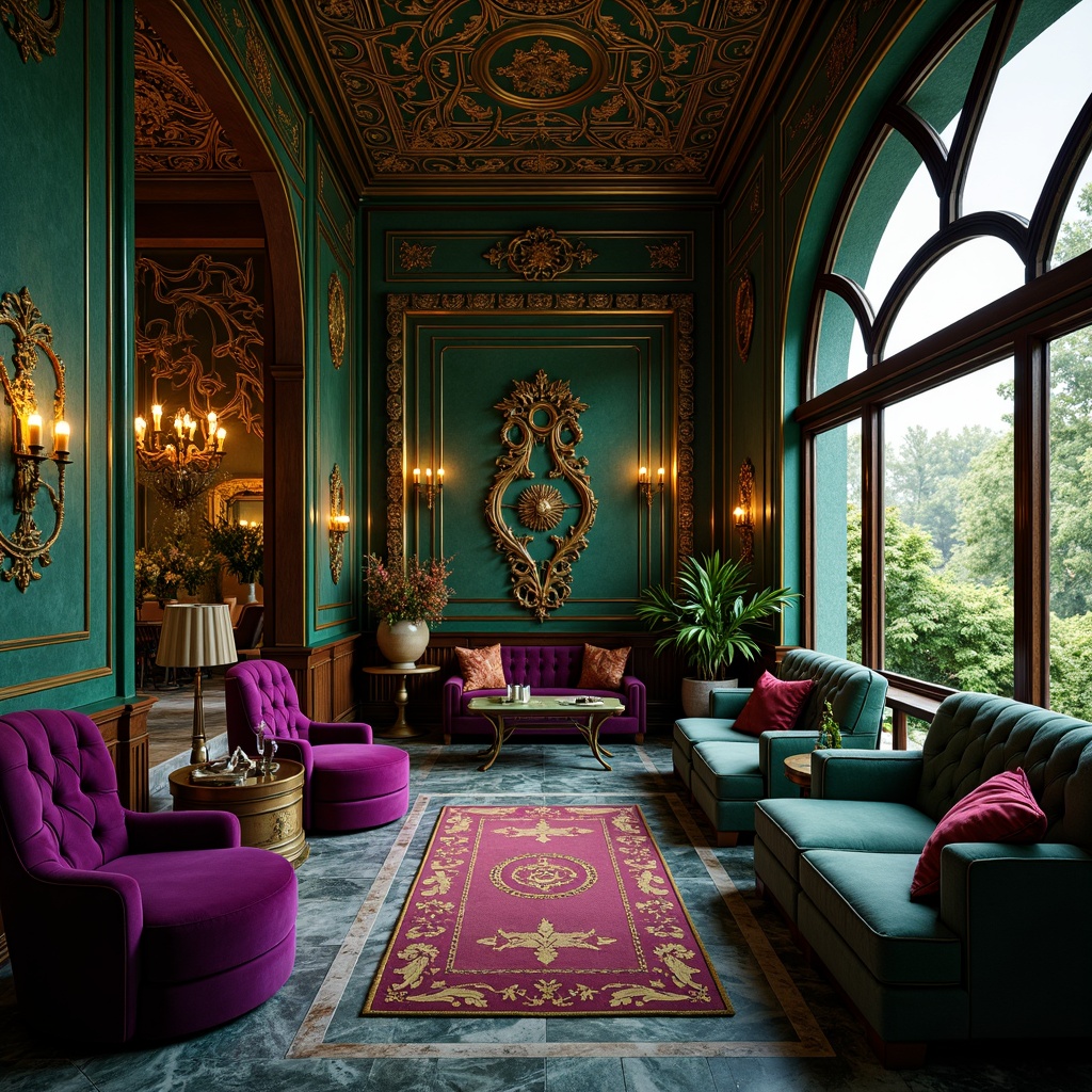 Prompt: Richly ornate Art Nouveau interior, luxurious velvety fabrics, jewel-toned emerald green, sapphire blue, amethyst purple, warm golden lighting, intricate curvilinear patterns, flowing organic shapes, stylized botanical motifs, ornate metalwork, gilded accents, polished marble floors, plush velvet sofas, intricately carved wooden paneling, soft romantic ambiance, warm candlelight, shallow depth of field, 1/2 composition, realistic textures, subtle ambient occlusion.