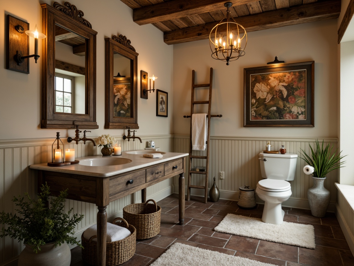 Prompt: Rustic farmhouse powder room, distressed wood accents, ornate mirrors, antique vanity, soft candlelight, floral patterns, vintage apothecary jars, porcelain sink, marble countertops, warm beige walls, plush area rug, natural stone flooring, wooden beams, elegant chandelier, subtle rustic textures, shallow depth of field, 1/1 composition, warm softbox lighting.