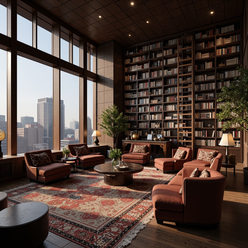 Prompt: Luxurious penthouse interior, elegant academic style, dark wood furniture, leather sofas, velvet armchairs, ornate coffee tables, richly textured rugs, floor-to-ceiling bookshelves, classic library ladders, vintage globes, sophisticated desk lamps, premium quality materials, neutral color palette, high ceilings, large windows, cityscape views, soft warm lighting, shallow depth of field, 1/1 composition, realistic textures, ambient occlusion.