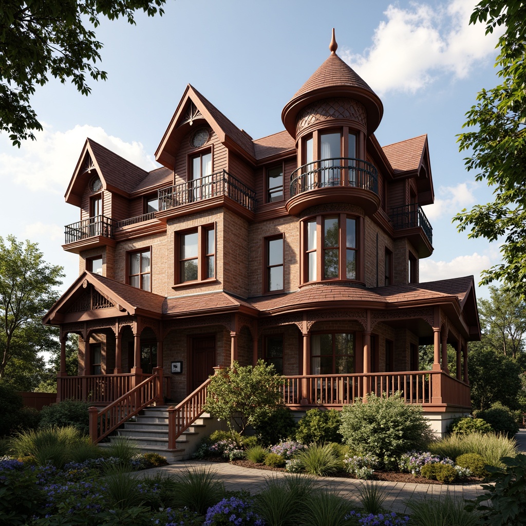 Prompt: \Victorian home, ornate details, rich wood tones, warm earthy colors, deep red brick, intricate stonework, steeply pitched rooflines, decorative trims, stained glass windows, ornamental ironwork, lush greenery, blooming flowers, soft natural light, warm afternoon sun, subtle shadowing, 1/1 composition, realistic textures, ambient occlusion.\