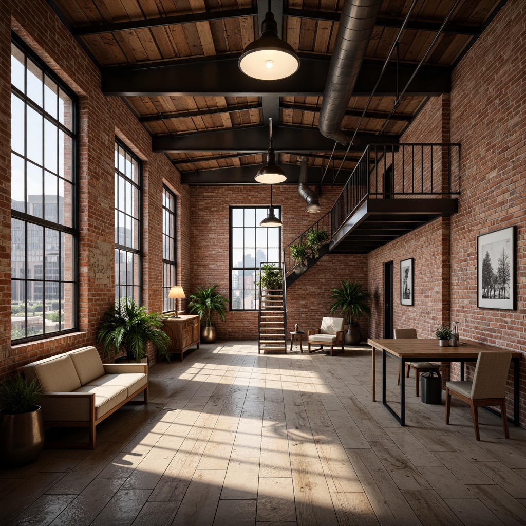 Prompt: Rustic warehouse setting, exposed brick walls, metal beams, distressed wood floors, industrial lighting fixtures, urban loft atmosphere, converted factory space, high ceilings, open layout, functional pipes, metal staircases, reclaimed wood accents, vintage machinery, earthy color palette, warm natural light, shallow depth of field, 2/3 composition, realistic textures, ambient occlusion.