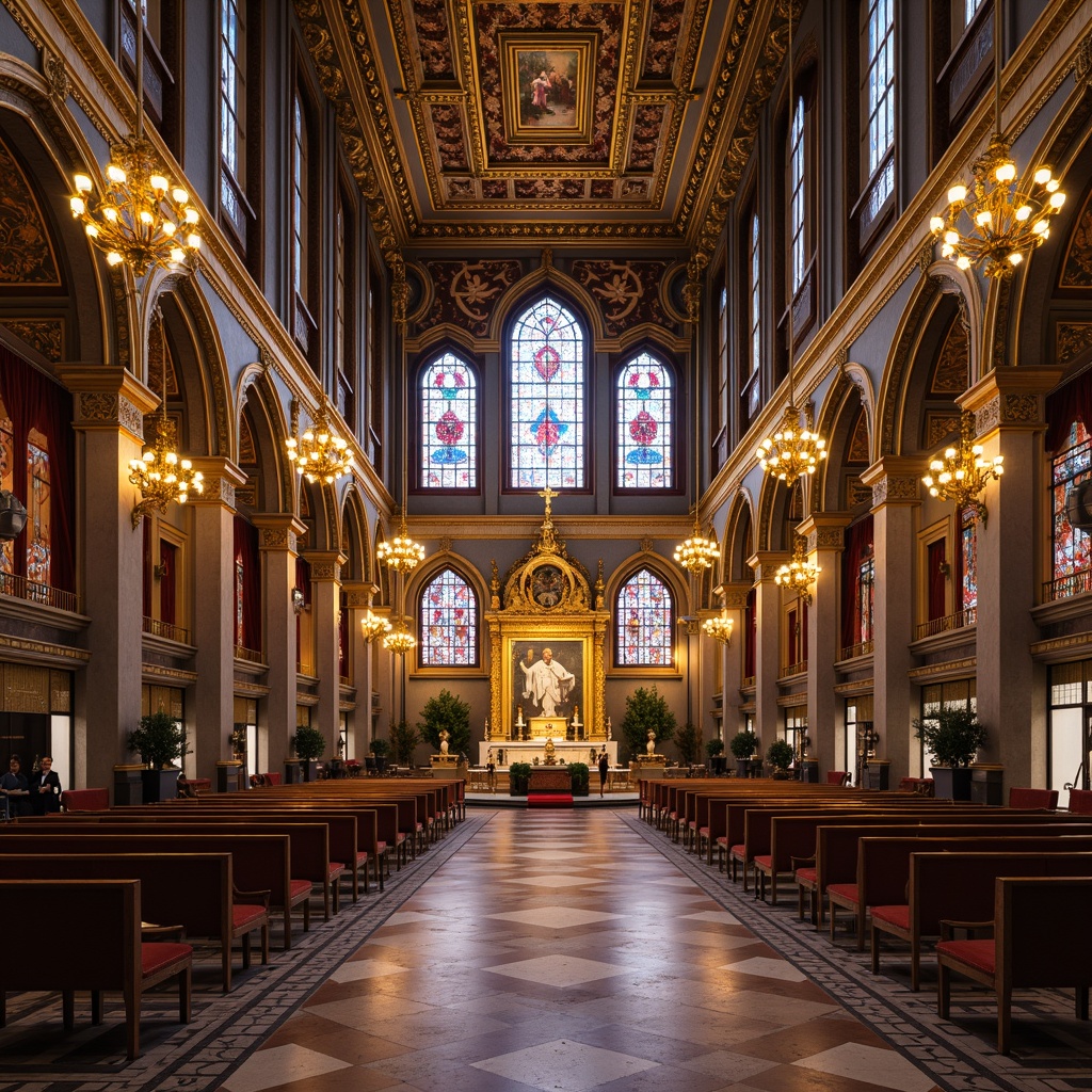 Prompt: Luxurious grand cathedral, ornate golden decorations, intricately patterned mosaics, vibrant stained glass windows, majestic altar, sweeping arches, symmetrical columns, opulent chandeliers, lavish velvet drapes, geometric marble floors, richly textured stone walls, grandiose staircases, dramatic ceiling heights, atmospheric soft lighting, 1/1 composition, low angle shot, cinematic depth of field, realistic reflections.