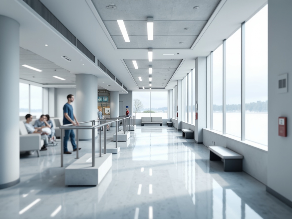 Prompt: Sterile hospital corridor, sleek metal handrails, minimalist design, calming white walls, polished marble floors, large windows, natural light, modern medical equipment, futuristic nurse stations, clean lines, geometric shapes, subtle color schemes, soothing ambient lighting, shallow depth of field, 3/4 composition, realistic textures, ambient occlusion.