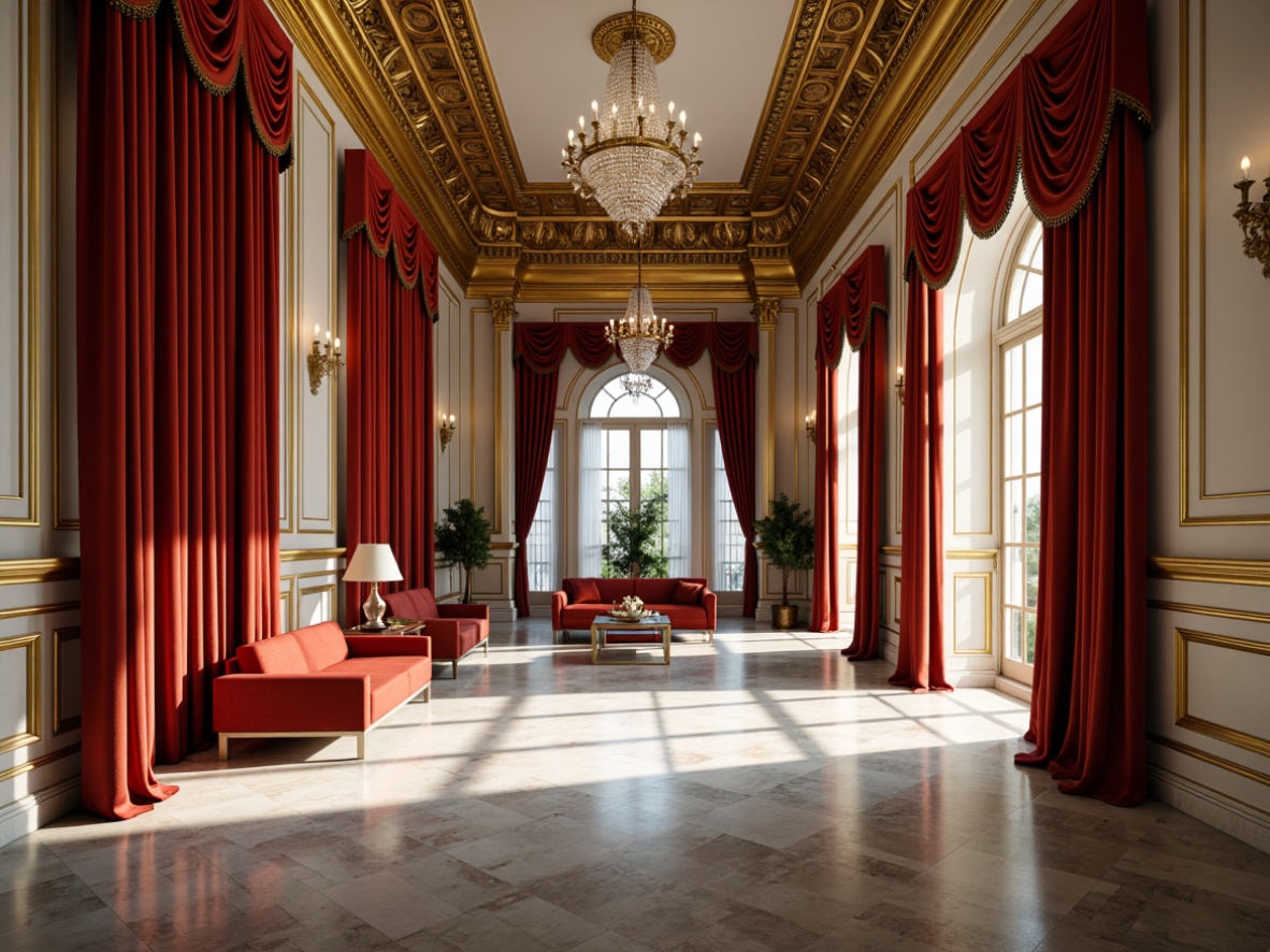 Prompt: Rich velvet curtains, ornate gold accents, soft warm lighting, majestic columns, intricate moldings, grandiose chandeliers, luxurious crimson reds, regal blues, creamy whites, subtle beige tones, opulent marble floors, lavish crystal decorations, dramatic shadows, 3/4 composition, cinematic atmosphere, realistic textures, ambient occlusion.Please let me know if this meets your requirements!