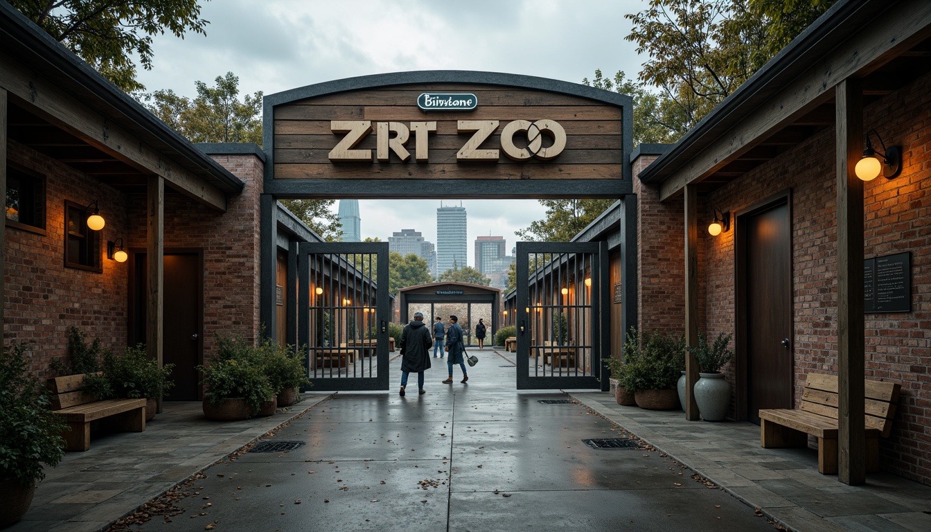 Prompt: Rustic zoo entrance, distressed metal gates, industrial-style signage, weathered wood accents, exposed brick walls, concrete floors, reclaimed wood benches, steel beams, Edison light bulbs, urban landscape, cityscape background, moody cloudy sky, dramatic shadows, high contrast lighting, 1/2 composition, symmetrical framing, gritty textures, atmospheric mist.