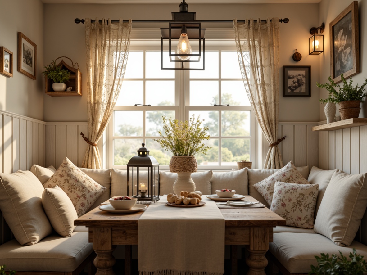 Prompt: Cozy breakfast nook, soft warm lighting, vintage metal lanterns, distressed wood accents, rustic farmhouse tables, plush cushions, lace curtains, pastel color palette, creamy whites, warm beige tones, natural textiles, woven baskets, antique decorative items, floral patterns, ornate metal fixtures, candlelight ambiance, warm glow, shallow depth of field, 1/1 composition, intimate atmosphere, realistic textures.