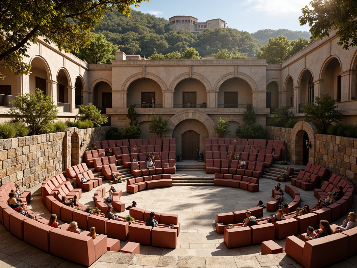 Prompt: Grand amphitheater, classic Roman architecture, tiered seating arrangement, curved rows of chairs, ornate marble columns, intricate stone carvings, lush greenery surroundings, sunny afternoon light, warm golden hue, shallow depth of field, 1/1 composition, symmetrical balance, harmonious proportions, elegant arches, rustic stone walls, comfortable velvet upholstery, polished brass accents, subtle ambient lighting, natural atmosphere.