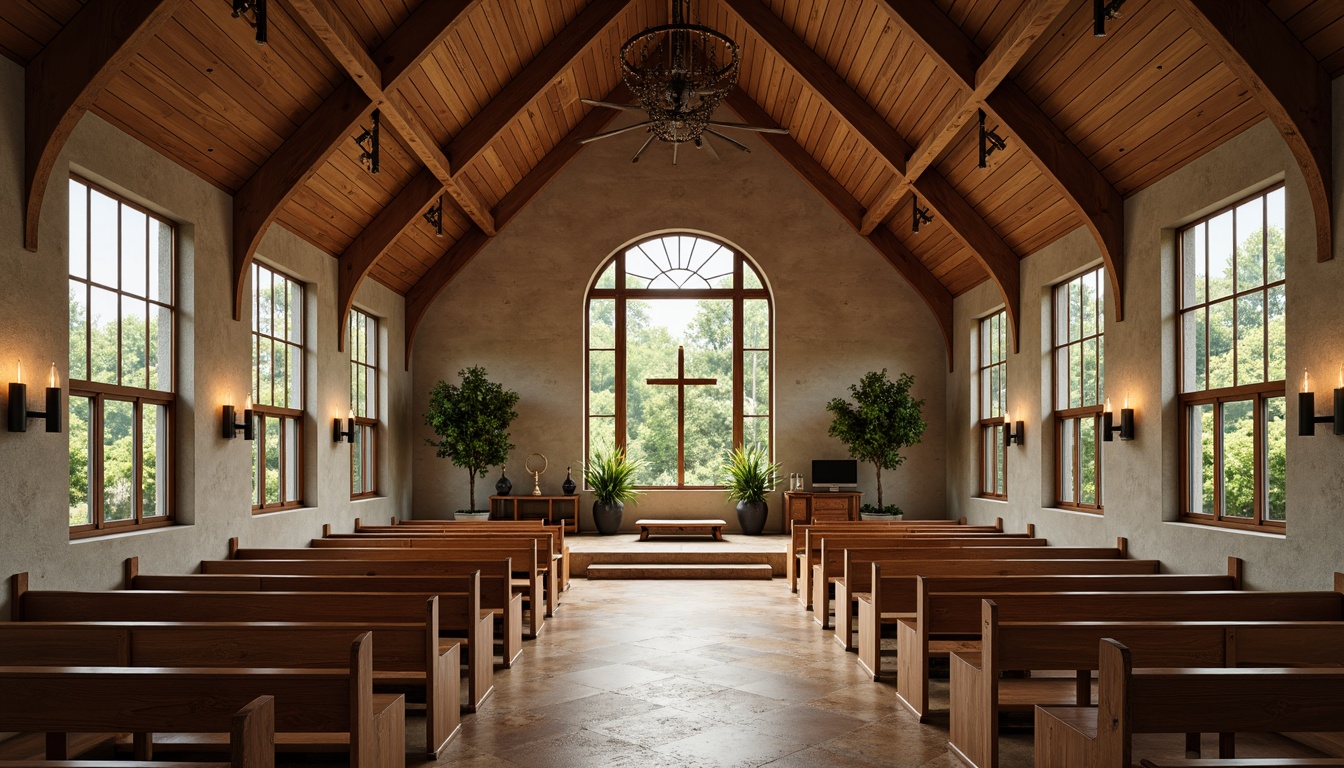 Prompt: Rustic church interior, open floor plan, wooden beams, natural stone walls, stained glass windows, modern minimalist pews, reclaimed wood accents, earthy color palette, warm soft lighting, shallow depth of field, 3/4 composition, symmetrical balance, airy atmosphere, spacious feel, rustic metal chandeliers, wooden crosses, candlelit ambiance, serene worship space.