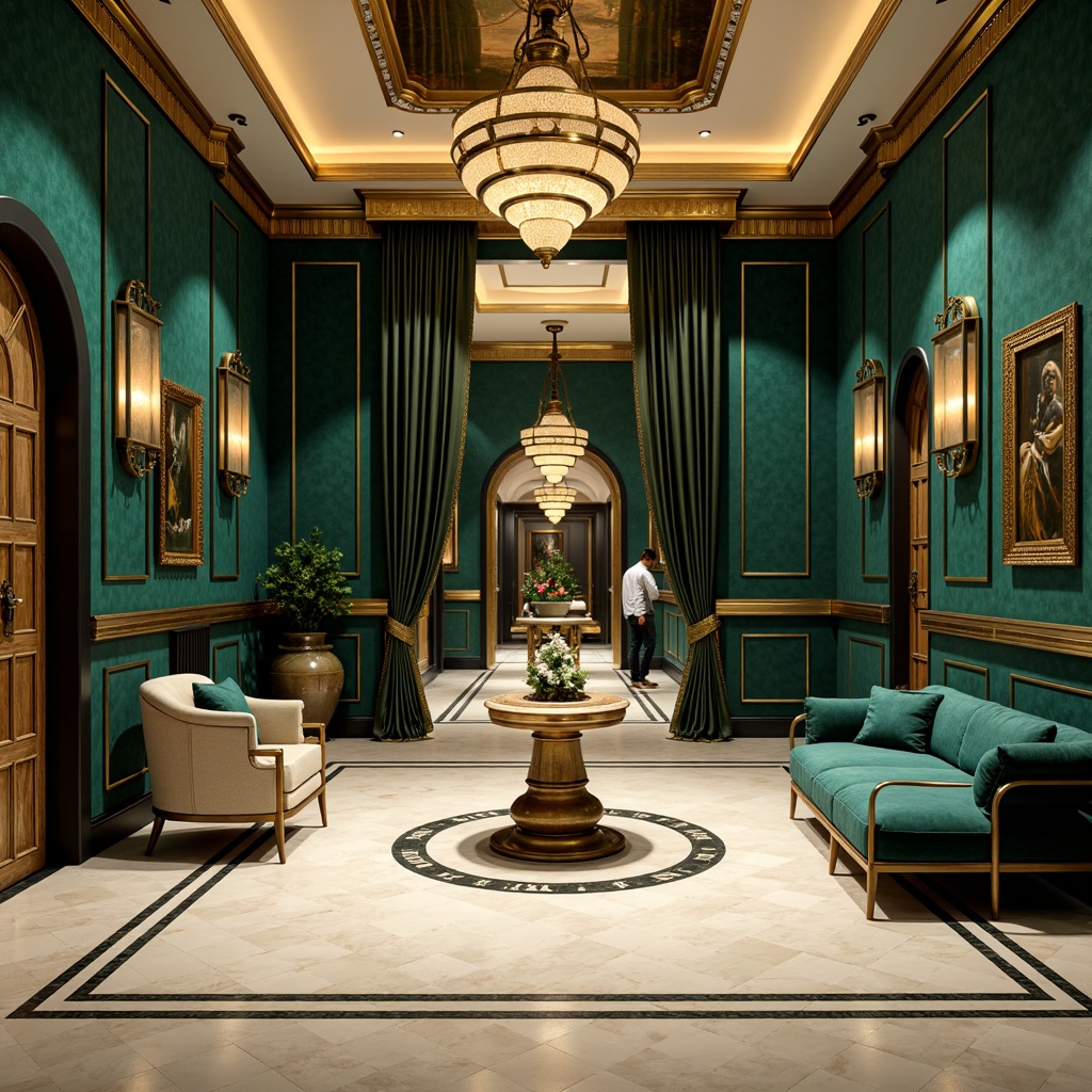 Prompt: Luxurious Art Deco interior, rich jewel tones, emerald green walls, navy blue accents, metallic gold fixtures, creamy white marble floors, ornate geometric patterns, vintage bronze lighting, opulent velvet furnishings, lavish crystal chandeliers, sophisticated neutral backgrounds, bold black outlines, glamorous metallic sheen, warm golden glow, high contrast ratio, 1/2 composition, dramatic spotlights, cinematic atmosphere.