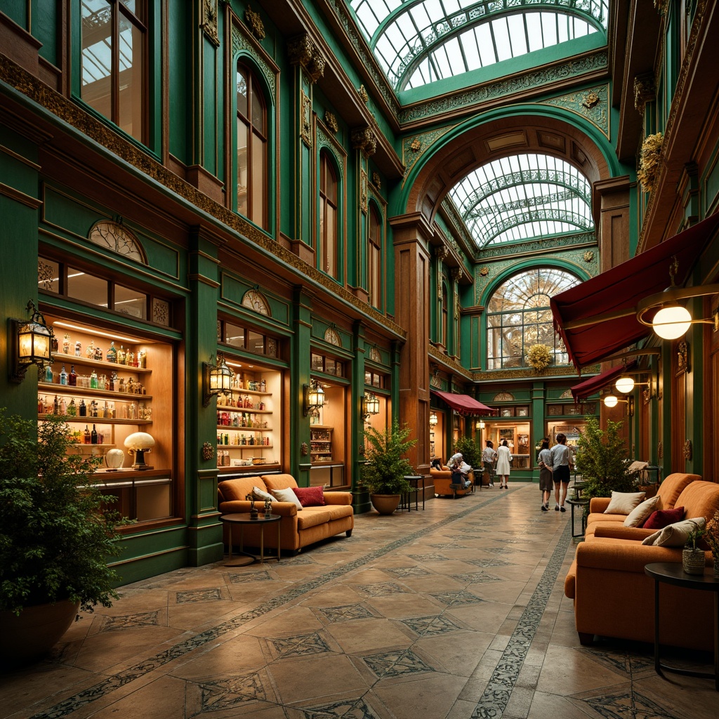 Prompt: Elegant market interior, ornate Art Nouveau details, rich jewel-toned colors, emerald green walls, amber-hued wood accents, iridescent glass mosaics, luxurious velvet fabrics, golden metal fixtures, flowing organic lines, soft warm lighting, shallow depth of field, 1/1 composition, realistic textures, ambient occlusion.