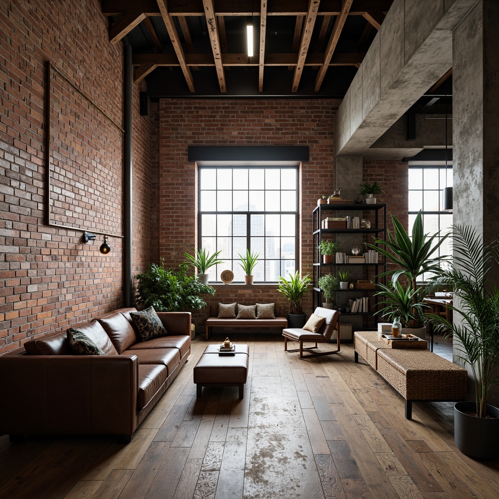 Prompt: Exposed brick walls, reclaimed wood flooring, metal beams, industrial-style lighting, vintage factory windows, distressed leather sofas, metallic accents, urban loft atmosphere, high ceilings, concrete columns, functional decor, Edison bulb pendants, steel shelving units, industrial-chic color palette, raw concrete textures, modern minimalist furniture, sparse greenery, natural light pouring in, shallow depth of field, 1/1 composition, realistic reflections.