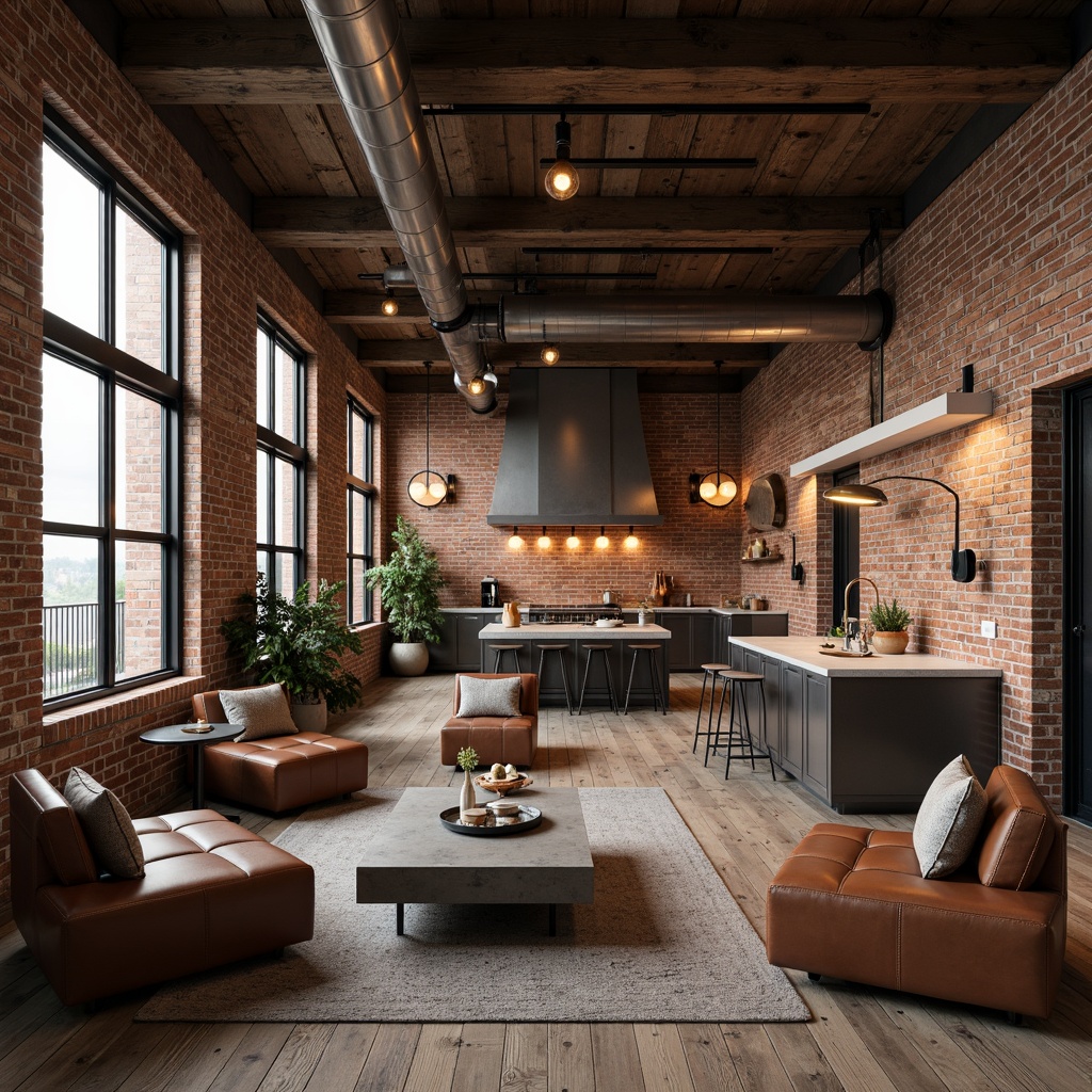 Prompt: Rustic industrial interior, exposed brick walls, metal beam ceilings, reclaimed wooden floors, vintage factory lights, distressed leather sofas, steel coffee tables, Edison bulb chandeliers, concrete countertops, metallic kitchen appliances, urban loft atmosphere, natural stone accents, minimalist decor, warm ambient lighting, shallow depth of field, 2/3 composition, realistic textures.