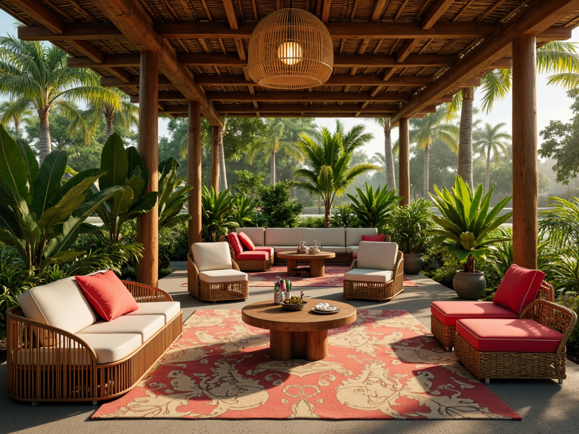 Prompt: Vibrant tropical island, lush greenery, exotic plants, woven rattan furniture, natural wood accents, colorful tribal patterns, vibrant coral hues, soft linen fabrics, jute rugs, reclaimed wood walls, bamboo ceilings, palm tree-inspired columns, eclectic global decor, warm golden lighting, shallow depth of field, 1/1 composition, realistic textures, ambient occlusion.