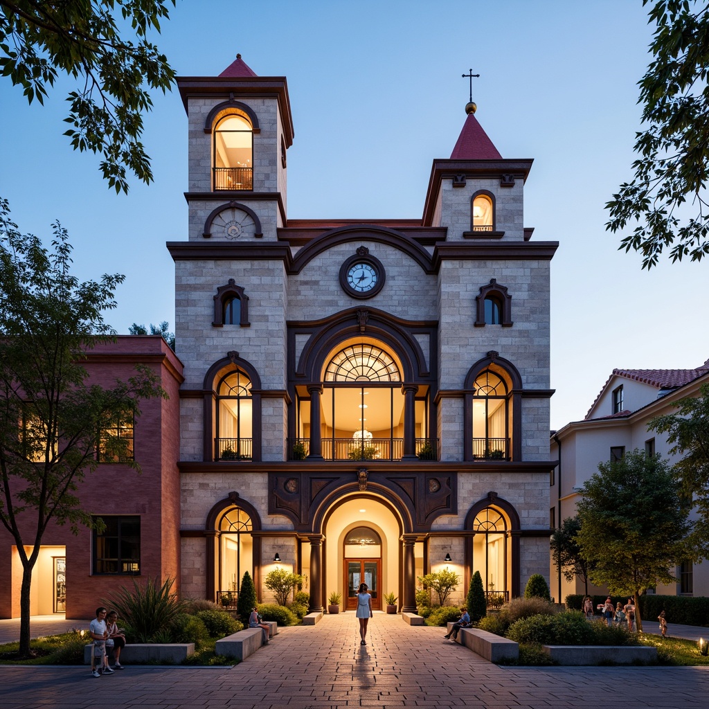 Prompt: Grand courthouse facade, ornate clock tower, rusticated stone walls, dramatic archways, colonnaded entrance, intricate stonework, ornamental metalwork, vibrant color schemes, playful use of historical references, eclectic mix of materials, bold geometric forms, asymmetrical compositions, oversized columns, cantilevered structures, abstract sculptures, dynamic lighting effects, 1/2 composition, low-angle shot, warm golden hour light, subtle fog effect, detailed textures, ambient occlusion.