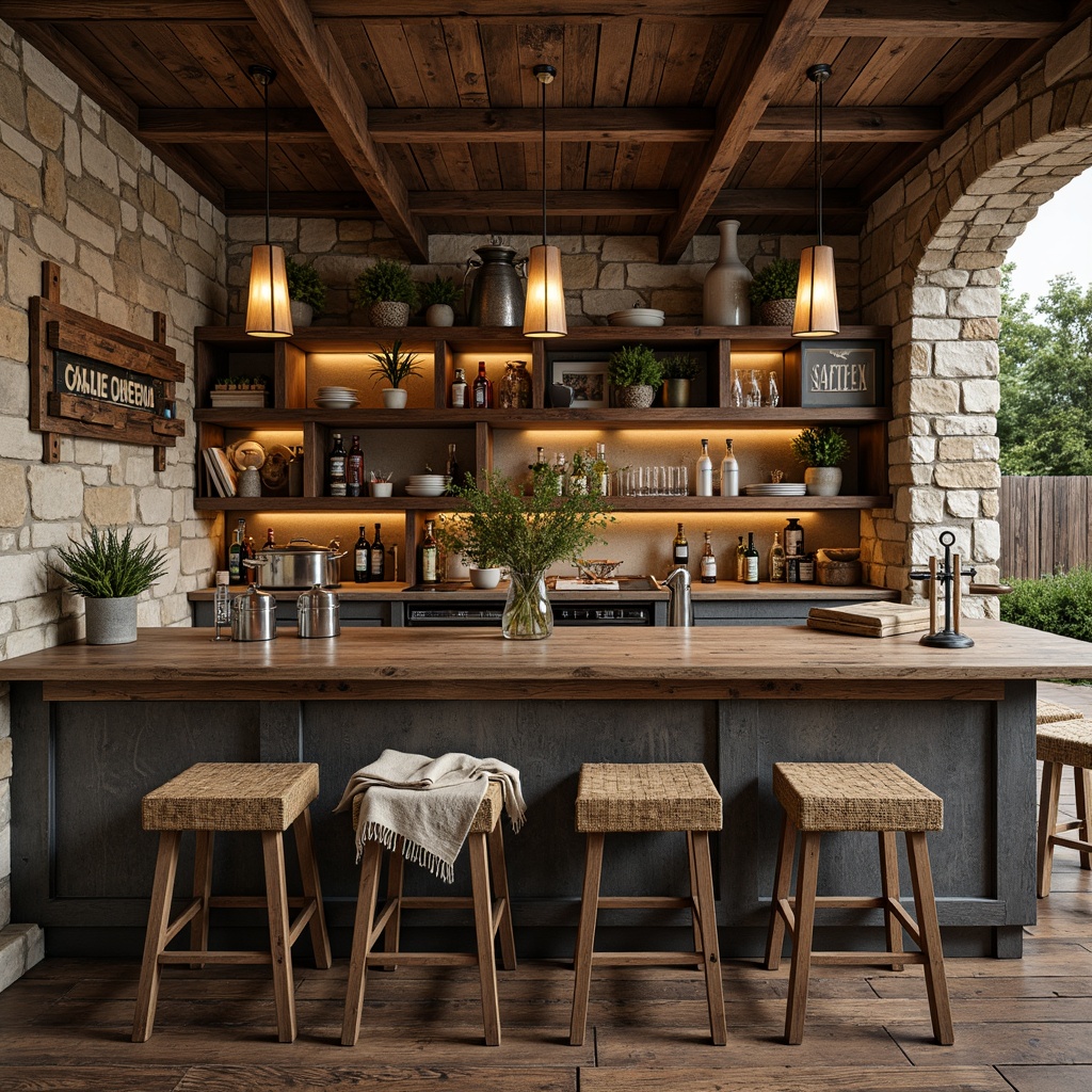 Prompt: Rustic farmhouse bar, vintage wooden crates, distressed metal accents, earthy color palette, natural stone walls, reclaimed wood shelves, pendant lanterns, farmhouse-style lighting, woven textiles, cozy throw blankets, antique farm tools, rustic metal signs, galvanized steel decorations, potted greenery, soft warm lighting, shallow depth of field, 3/4 composition, realistic textures, ambient occlusion.