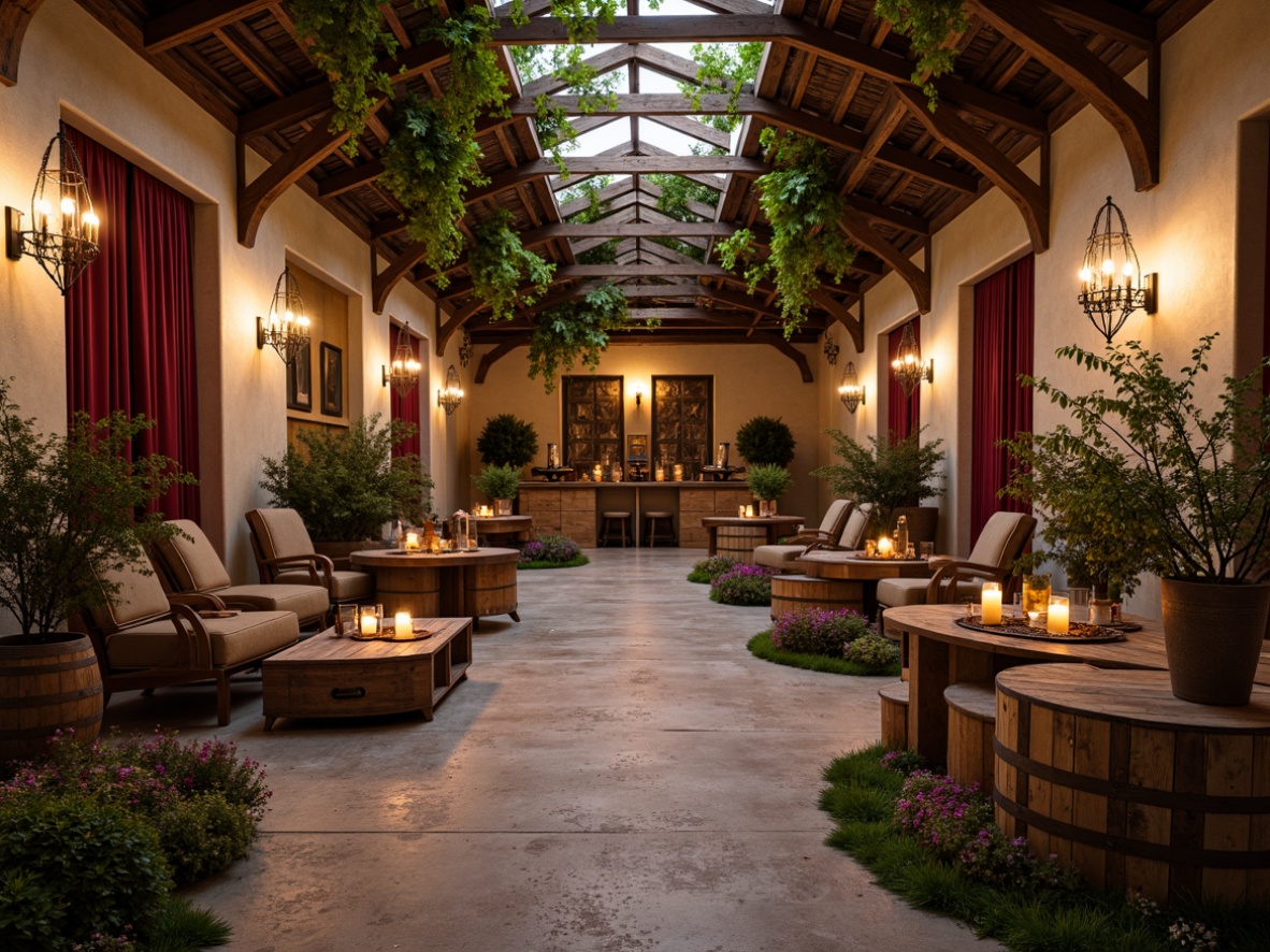 Prompt: Rustic winery setting, vintage wine barrels, distressed wooden crates, soft candlelight, warm beige walls, exposed brick ceilings, elegant chandeliers, ornate metal lanterns, lush green vines, blooming wildflowers, natural stone pathways, reclaimed wood accents, antique furniture pieces, velvet drapes, rich burgundy colors, aged copper tones, subtle sparkle textures, 1/2 composition, intimate atmosphere, soft focus effect.