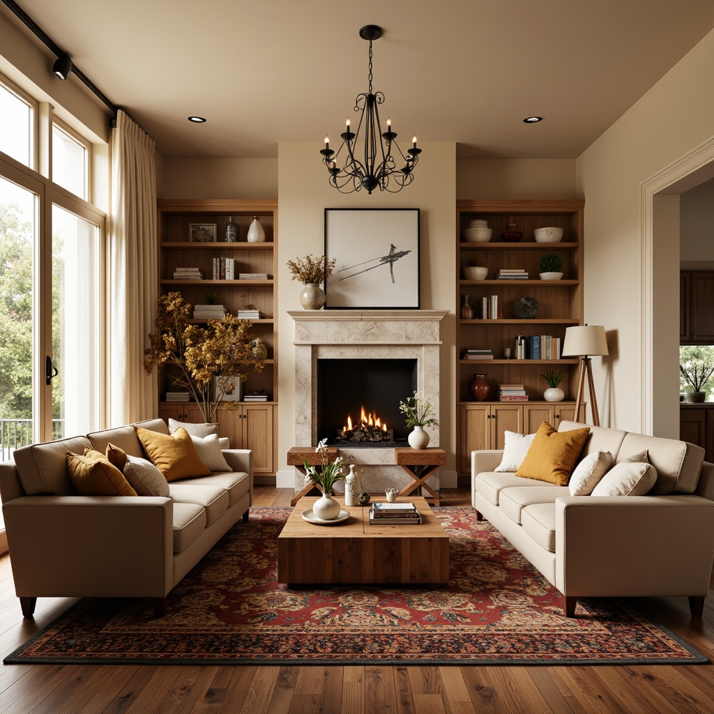 Prompt: Cozy family room, warm beige walls, plush velvet sofas, rich wood coffee tables, decorative vases, fresh flower arrangements, soft cream-colored curtains, elegant chandeliers, rustic wooden shelves, vibrant colorful rugs, comfortable oversized pillows, natural stone fireplaces, modern minimalist decor, warm ambient lighting, 3/4 composition, shallow depth of field.