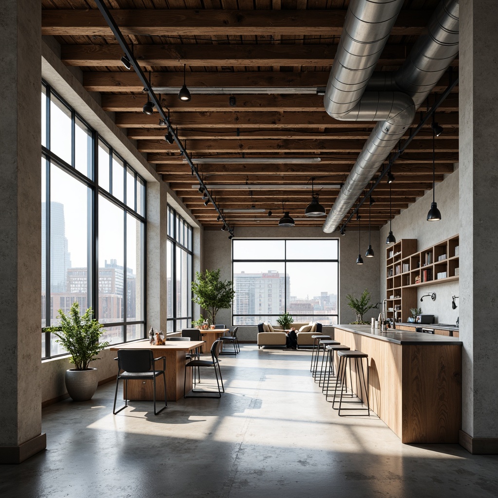 Prompt: Exposed ductwork, industrial-style metal beams, polished concrete floors, reclaimed wood accents, urban loft atmosphere, high ceilings, functional lighting fixtures, metal Shades, Edison bulbs, pendant lamps, minimalist decor, neutral color palette, modern cityscape views, large windows, sliding glass doors, airy atmosphere, natural ventilation, softbox lighting, 3/4 composition, realistic textures, ambient occlusion.