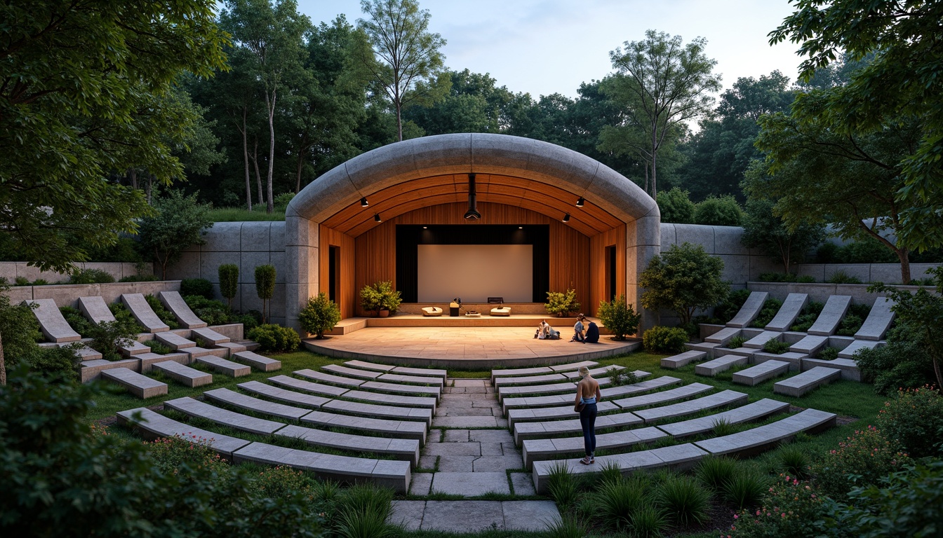 Prompt: Natural amphitheater setting, tiered seating, lush greenery, stone or wooden benches, acoustic shell, sound-absorbing materials, precise speaker placement, optimized reverberation time, warm and intimate ambiance, natural light during day, subtle stage lighting at night, 3/4 composition, shallow depth of field, panoramic view, realistic textures, ambient occlusion.