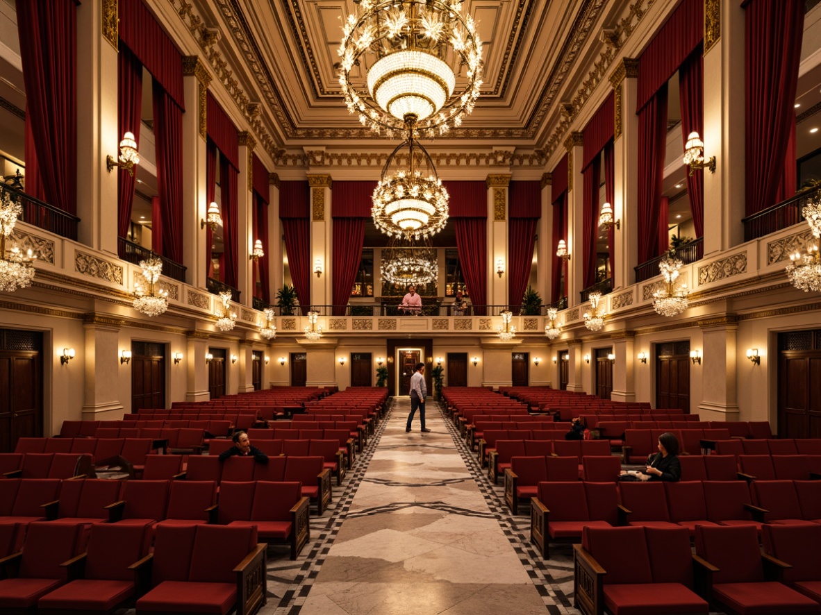 Prompt: Grand concert hall, ornate chandeliers, velvet curtains, gold accents, marble floors, neoclassical columns, intricate moldings, plush red seats, polished wood paneling, decorative balconies, ornamental railings, crystal sconces, luxurious textiles, elegant archways, refined color palette, soft warm lighting, shallow depth of field, 1/2 composition, symmetrical arrangement, realistic reflections.