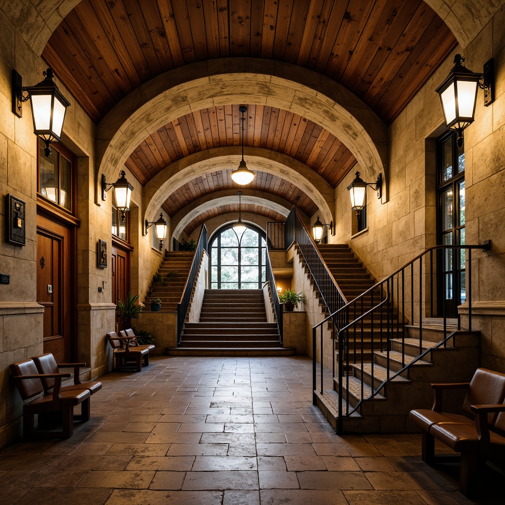 Prompt: Rustic metro station, distressed stone walls, elegant archways, ornate ironwork, vintage lanterns, warm earthy tones, ceramic tile floors, wooden beam ceilings, grand staircases, intricate moldings, soft warm lighting, shallow depth of field, 3/4 composition, realistic textures, ambient occlusion.