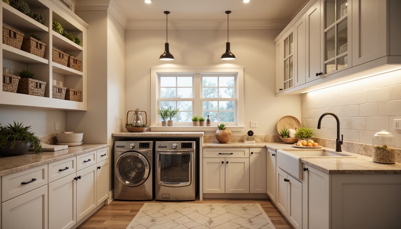 Prompt: Cozy laundry room, soft warm lighting, creamy white cabinets, stainless steel appliances, modern farmhouse sink, natural stone countertops, woven basket storage, pastel color scheme, relaxing ambiance, task lighting, under-cabinet lighting, pendant light fixtures, matte black metal finishes, bright LED strips, indirect ceiling lighting, calming atmosphere, 1/1 composition, shallow depth of field, warm color temperature.