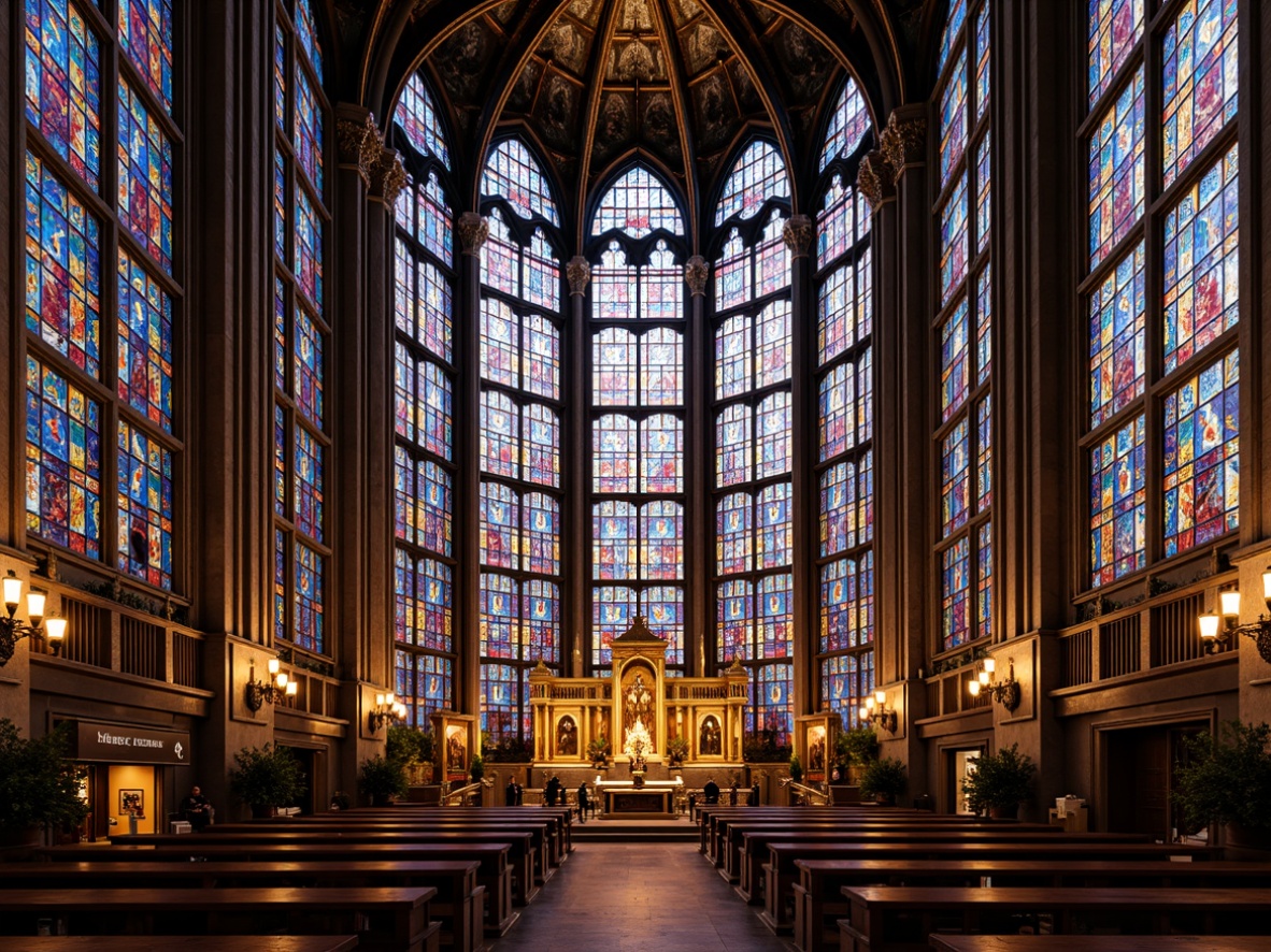 Prompt: Intricate stained glass windows, vibrant jewel-toned colors, geometric patterns, Art Deco motifs, ornate metal frameworks, grand cathedrals, sacred religious symbols, majestic altarpieces, opulent interiors, lavish decorations, golden accents, spiritual ambiance, soft diffused lighting, 1/1 composition, symmetrical framing, warm color palette, realistic textures, subtle reflections.