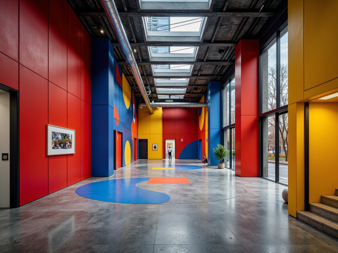 Prompt: Vibrant art school, bold geometric shapes, primary color palette, red accents, blue tones, yellow highlights, industrial materials, exposed ductwork, polished concrete floors, minimalist decor, functional lighting, brutalist architecture, urban cityscape, gritty textures, dramatic shadows, high contrast ratio, 1/2 composition, cinematic lighting, realistic reflections.