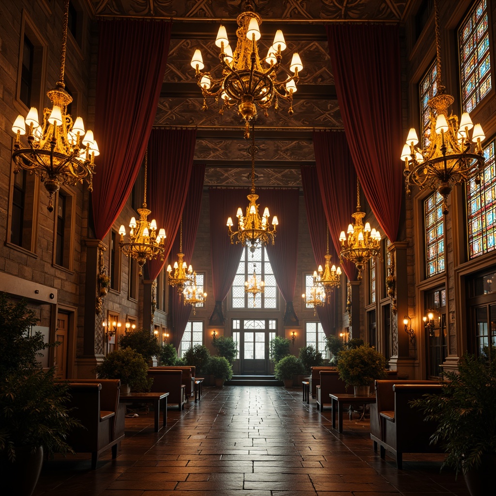 Prompt: Grandiose chandeliers, ornate metalwork, mysterious candlelight, stained glass windows, rich velvet drapes, intricate stone carvings, dramatic vaulted ceilings, majestic archways, luxurious furnishings, regal color palette, warm golden lighting, soft shimmering effects, 1/2 composition, intimate atmospheric mood, realistic textures, subtle ambient occlusion.