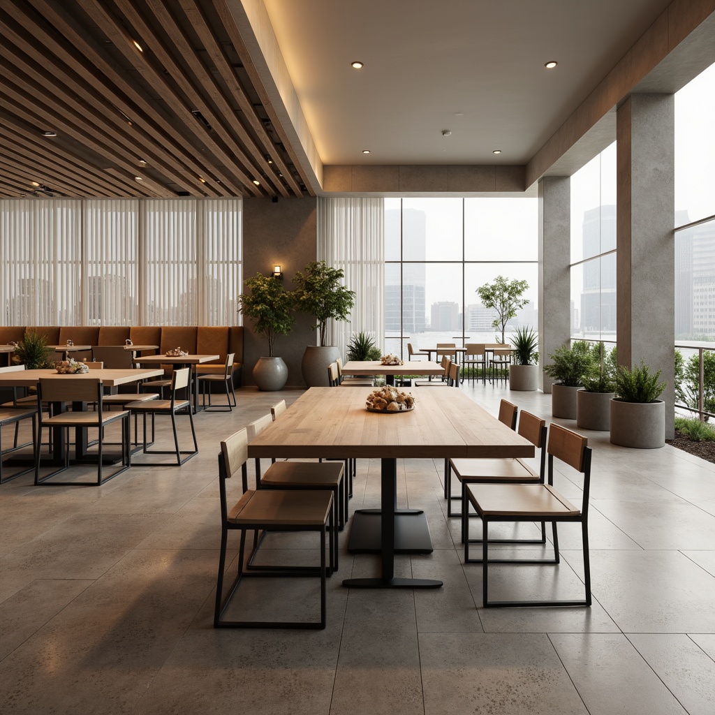 Prompt: Minimalist dining hall, sleek wooden tables, simple chairs, industrial metal legs, clean lines, monochromatic color scheme, soft warm lighting, shallow depth of field, 3/4 composition, panoramic view, realistic textures, ambient occlusion, spacious open layout, floor-to-ceiling windows, natural stone flooring, neutral tone walls, potted greenery, subtle decorative accents, Scandinavian-inspired design, functional decor, elegant simplicity.