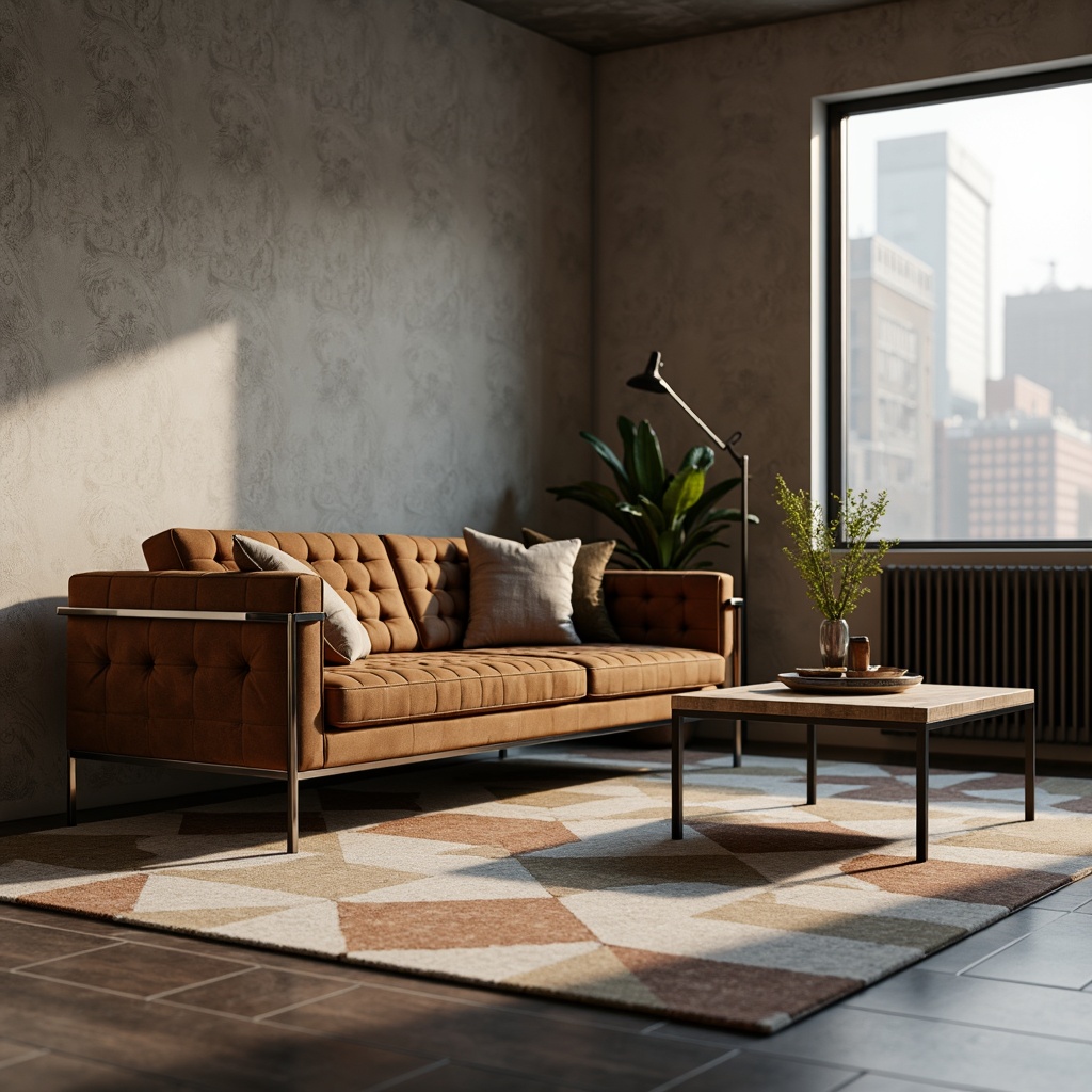 Prompt: Minimalist living room, sleek low-profile sofa, polished chrome legs, tufted velvet upholstery, geometric patterned rug, industrial chic coffee table, reclaimed wood accents, metallic floor lamp, soft warm glow, 1/1 composition, shallow depth of field, realistic textures, ambient occlusion.