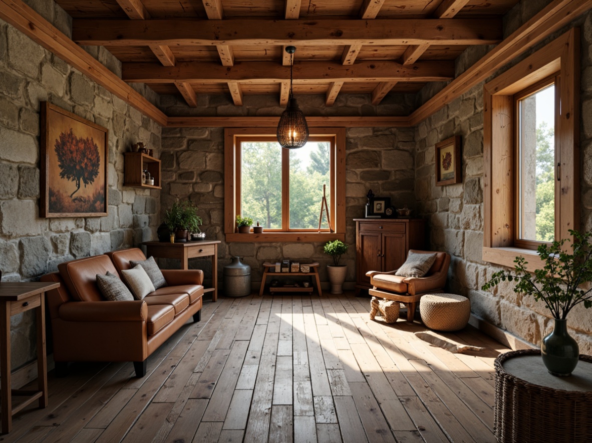 Prompt: Rustic wooden cabin, distressed wood planks, weathered stone walls, earthy color palette, natural textures, reclaimed wood floors, wooden beams, vintage furniture, cozy atmosphere, warm lighting, shallow depth of field, 3/4 composition, realistic wood grain, ambient occlusion.