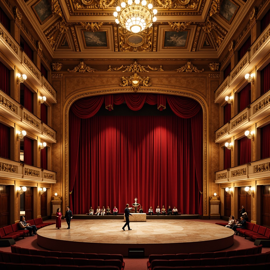 Prompt: Elegant theater interior, neoclassicism style, grand stage, ornate gold frames, crimson velvet curtains, decorative pilasters, intricate moldings, luxurious chandeliers, marble flooring, lavish balconies, opulent furnishings, rich wood paneling, gilded accents, subtle warm lighting, shallow depth of field, 1/1 composition, realistic textures, ambient occlusion.