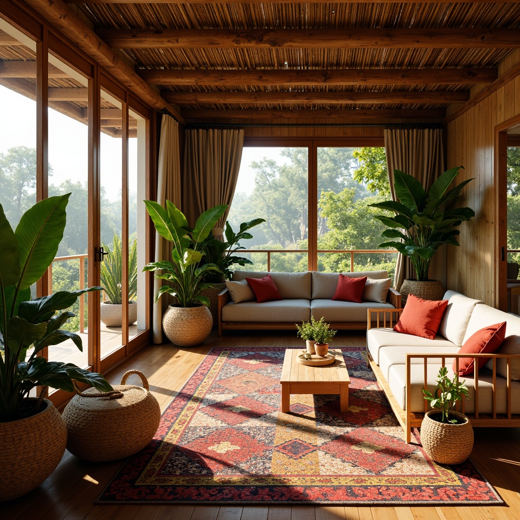 Prompt: Vibrant tropical interior, warm natural lighting, large windows, sliding glass doors, wooden accents, rattan furniture, lush greenery, potted plants, colorful textiles, woven baskets, ethnic-inspired patterns, earthy tones, bamboo walls, wooden flooring, soft diffused light, 1/1 composition, shallow depth of field, realistic textures, ambient occlusion.Please let me know if this meets your requirements!