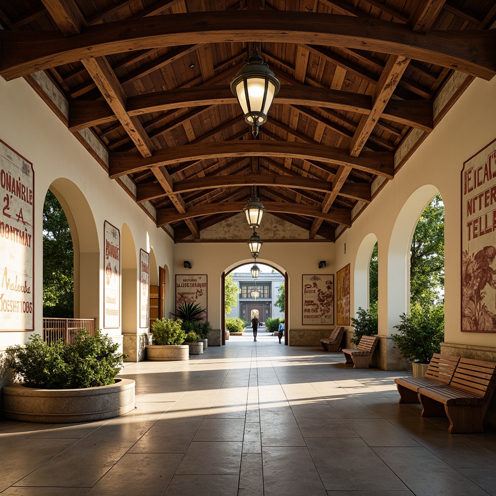 Prompt: Elegant metro station, French country style, soft warm lighting, rustic wooden beams, vintage metal lanterns, ornate chandeliers, creamy stone walls, distressed brick arches, classic tile floors, lush greenery, natural stone benches, beautiful murals, charming advertisements, nostalgic signage, warm color palette, subtle shadows, 1/2 composition, atmospheric perspective, realistic textures, ambient occlusion.