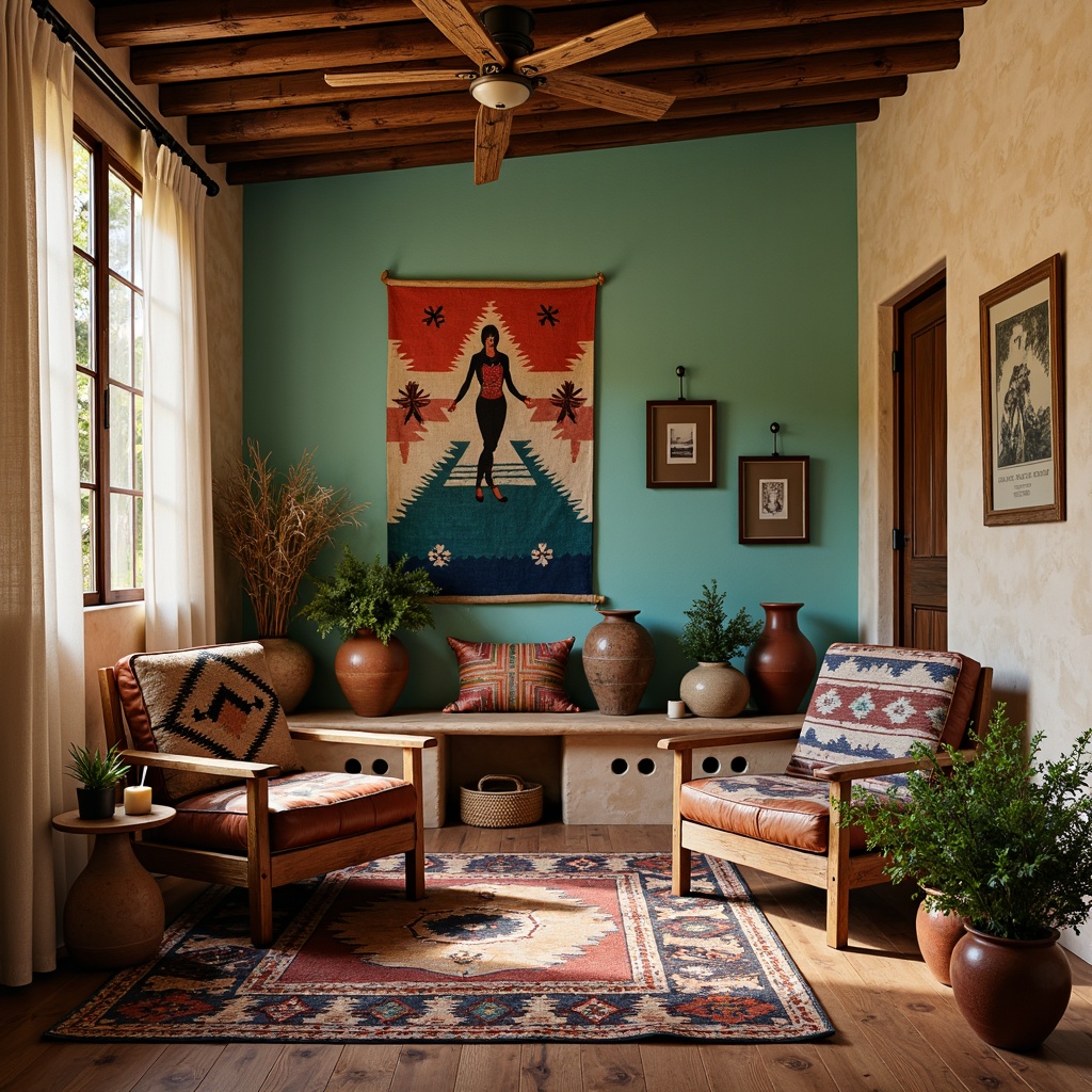 Prompt: Vibrant turquoise accents, rustic wooden furniture, woven Native American patterns, earthy terracotta vases, colorful serape blankets, geometric-patterned rugs, distressed leather armchairs, natural fiber textiles, warm beige walls, vintage pottery pieces, lush green plants, soft candlelight, 1/1 composition, shallow depth of field, realistic textures.