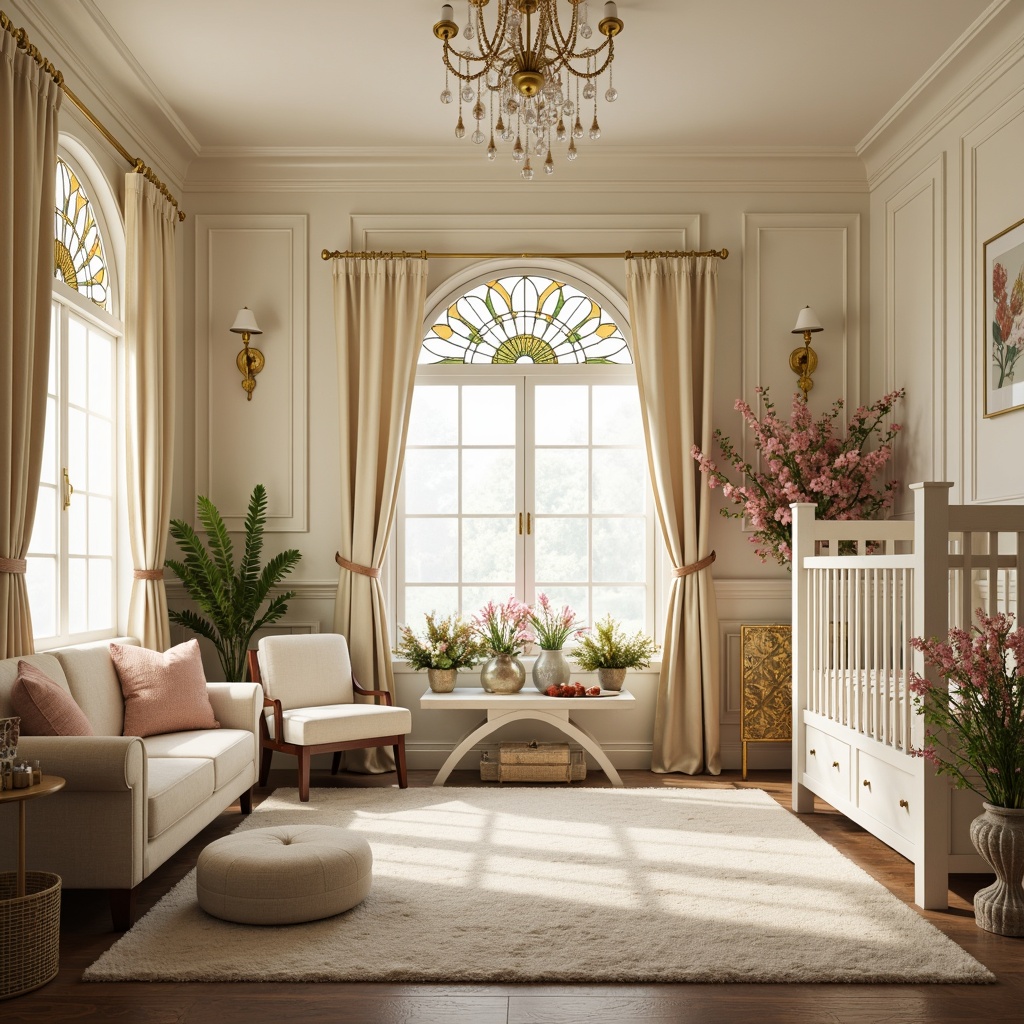 Prompt: Whimsical nursery, delicate florals, ornate furniture, flowing curves, organic shapes, soft pastel hues, cream-colored walls, ivory crib, golden accents, intricate moldings, stained glass windows, plush area rugs, velvet drapes, beaded chandeliers, nature-inspired motifs, gentle lighting, warm color palette, 1/1 composition, shallow depth of field, realistic textures.