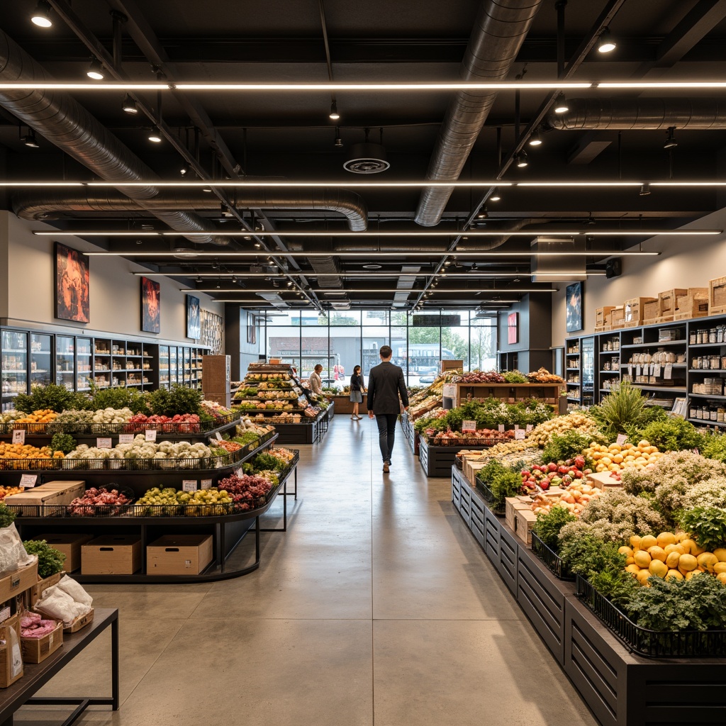 Prompt: Modern grocery store interior, sleek lines, minimalist decor, polished concrete floors, exposed ductwork, industrial chic ambiance, LED strip lighting, recessed ceiling lights, pendant lamps, warm white illumination, 1/2 composition, shallow depth of field, natural textures, ambient occlusion, fresh produce stands, metal shelves, wooden crates, vibrant product displays, bustling shopping atmosphere, morning light, soft shadows.