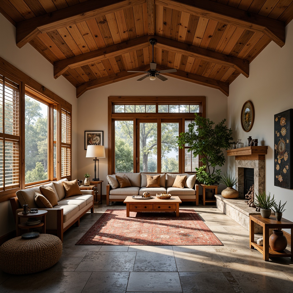 Prompt: Cozy craftsman interior, warm wooden accents, exposed beam ceiling, earthy color palette, natural stone flooring, plush area rugs, comfortable seating areas, vintage decorative items, large windows with plantation shutters, soft diffused light, gentle shadows, 1/2 composition, shallow depth of field, realistic textures, ambient occlusion.