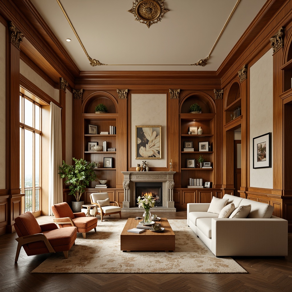 Prompt: Elegant family room, rich wood paneling, ornate moldings, cream-colored walls, plush beige sofa, velvet armchairs, wooden coffee table, intricate carvings, classic columns, symmetrical composition, warm golden lighting, subtle texture overlays, 1/1 aspect ratio, central focal point, harmonious color palette, luxurious fabrics, refined details, sophisticated ambiance.