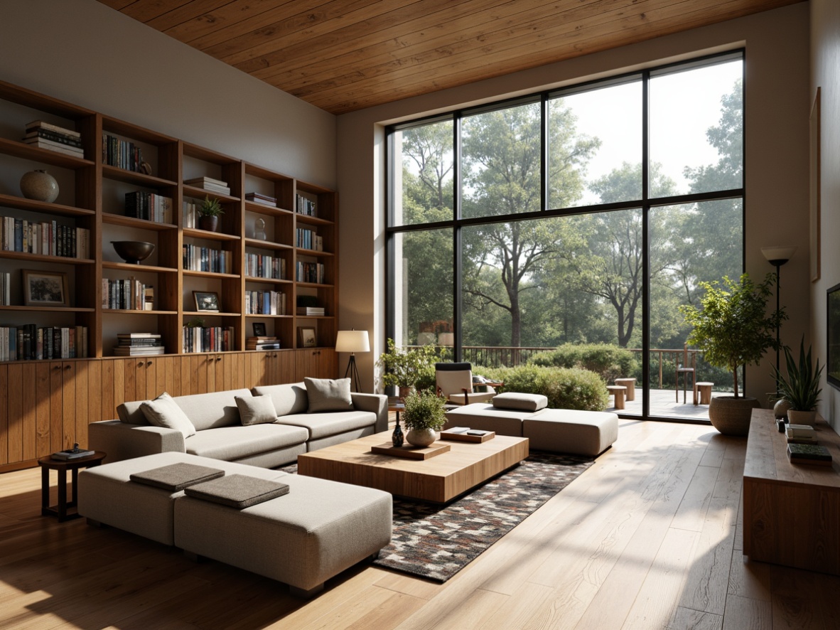 Prompt: Modern living room, sleek wooden flooring, comfortable sofas, minimalist coffee tables, floor-to-ceiling windows, natural light pouring in, cozy reading nooks, built-in bookshelves, rustic wooden accents, geometric patterned rugs, functional storage units, smart home devices, ambient warm lighting, 1/2 composition, shallow depth of field, realistic textures, soft focus effect.