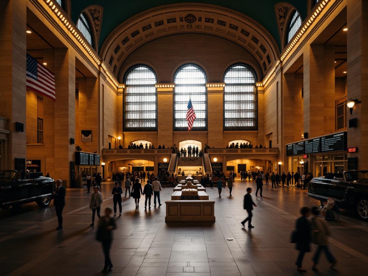 Prompt: Grand train station, ornate ironwork, vintage locomotives, bustling passenger traffic, intricate mosaics, high ceilings, large windows, natural stone flooring, steel beams, industrial lighting, urban cityscape, busy streets, modern skyscrapers, blurred motion, shallow depth of field, 1/2 composition, atmospheric perspective, cinematic color grading, warm golden hour lighting.