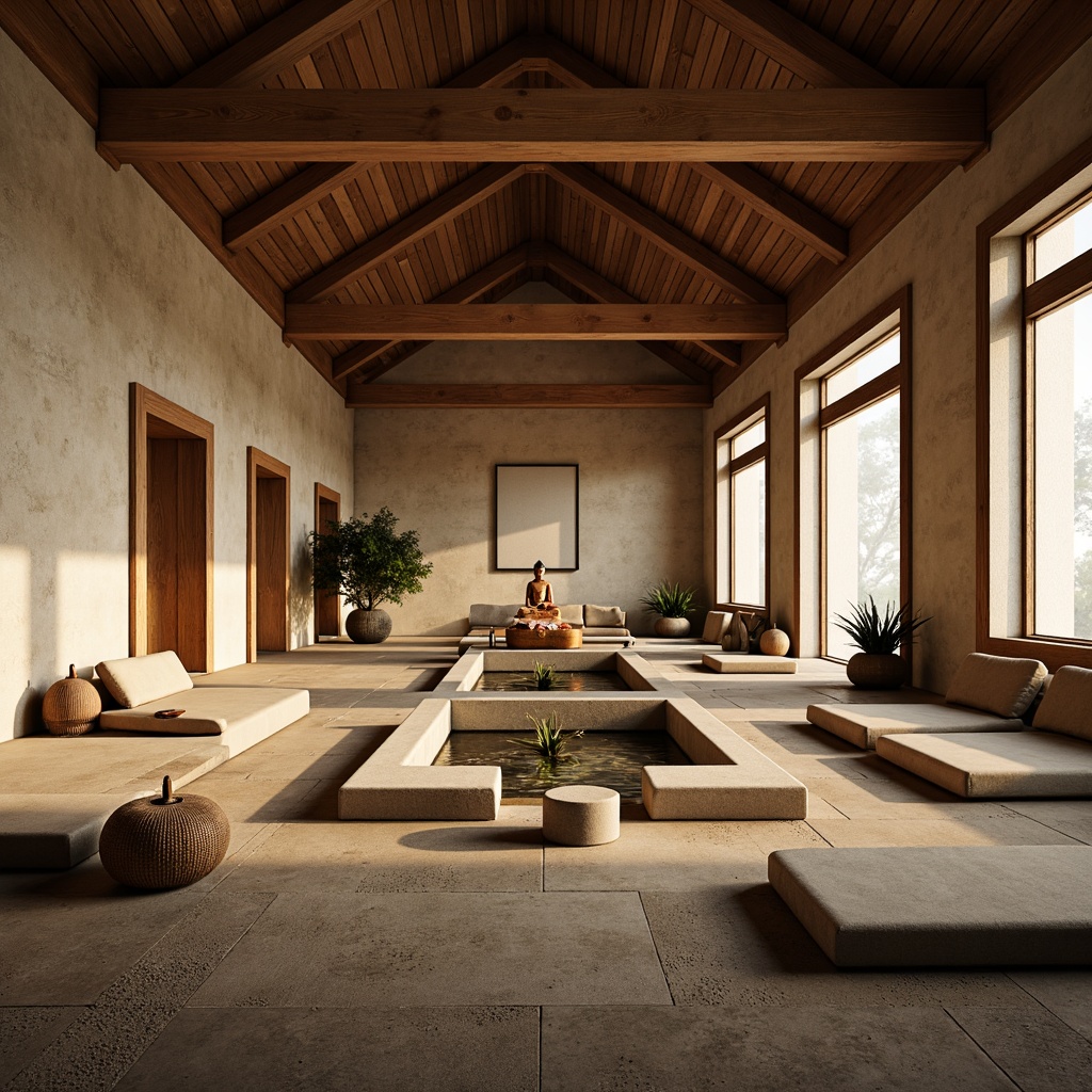 Prompt: Serene monastery interior, high ceilings, natural stone walls, wooden beams, large windows, soft warm lighting, minimalist decor, sparse furnishings, comfortable seating areas, meditation spaces, calming water features, peaceful Buddha statues, organic textures, earthy color palette, subtle patterns, spiritual ambiance, 1/1 composition, shallow depth of field, warm color temperature, realistic materials, ambient occlusion.