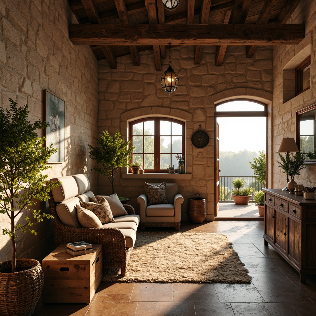 Prompt: Rustic farmhouse, natural stone walls, wooden beams, vintage decor, warm earthy tones, soft diffused light, large windows, sliding barn doors, country-style furniture, woven textiles, potted plants, distressed wood accents, metal lanterns, cozy reading nooks, plush throw blankets, sun-drenched spaces, afternoon golden hour, shallow depth of field, 1/1 composition, warm color palette, realistic textures, ambient occlusion.