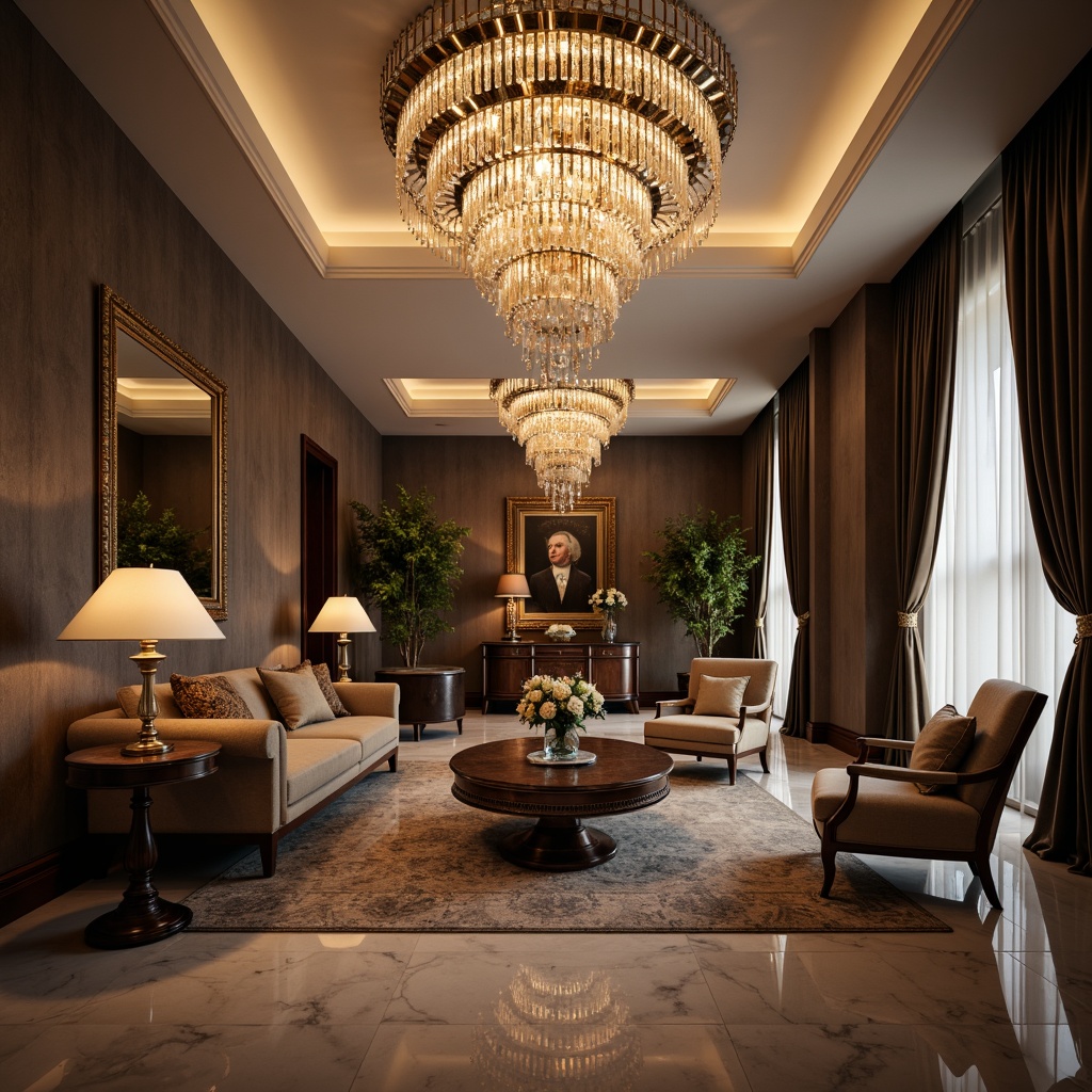 Prompt: Luxurious living room, sophisticated chandelier, crystal drops, metallic accents, elegant ceiling fixture, soft warm glow, ambient lighting, 3/4 composition, shallow depth of field, panoramic view, realistic textures, ornate details, luxurious fabrics, rich wood tones, polished marble floors, lavish decorations, opulent atmosphere, dramatic light shading, high-end interior design.