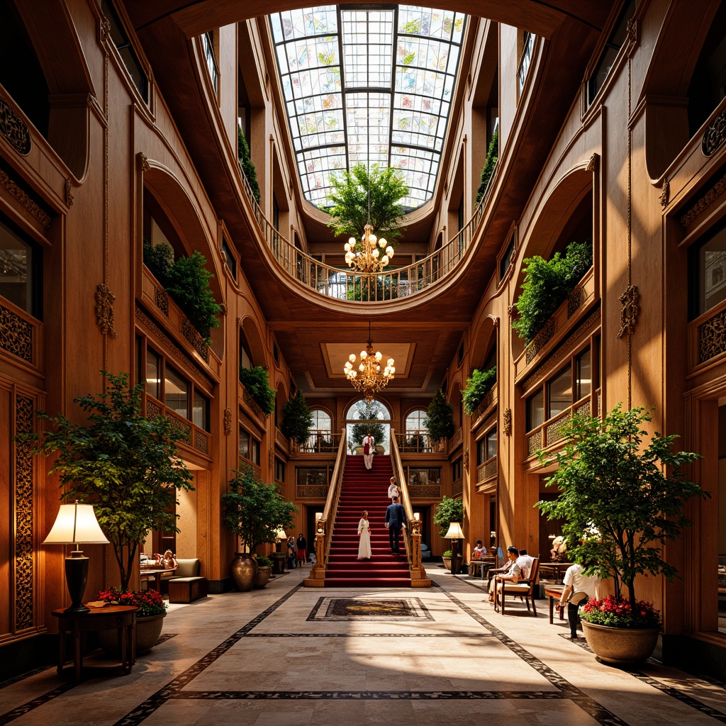 Prompt: Grand luxury hotel, opulent lobby, intricately carved wooden panels, gilded accents, flowing organic lines, sinuous curves, ornate metalwork, stained glass ceiling, majestic staircase, plush velvet furniture, rich jewel-toned colors, warm golden lighting, soft focus, shallow depth of field, 2/3 composition, elegant proportions, refined textures, ambient occlusion, grand chandelier, frescoed ceiling, marble flooring, lavish floral arrangements, ornate mirrors, luxurious fabrics.