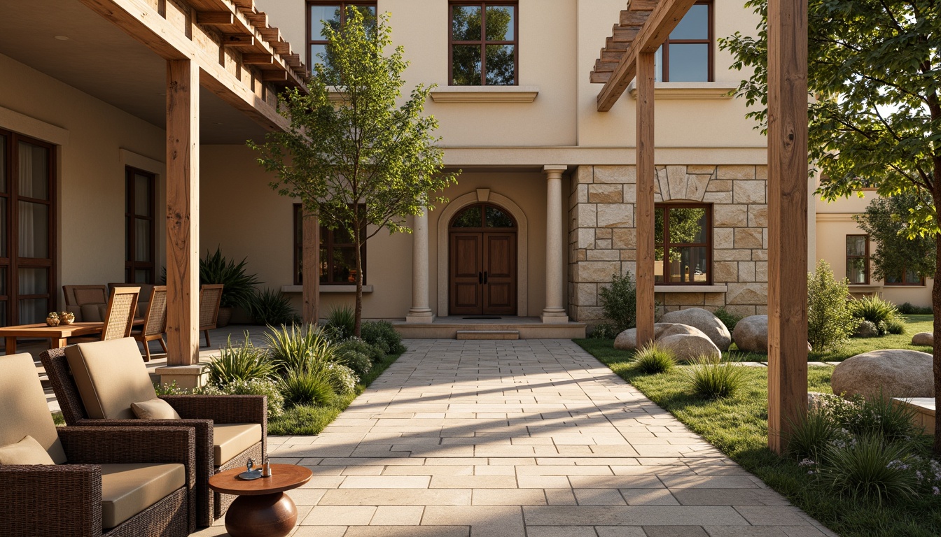 Prompt: Rustic campus setting, earthy tones, natural materials, wooden accents, stone walls, vintage craftsman details, warm beige stucco, rich brown wood trim, soft sage greenery, weathered copper roofing, creamy white columns, distressed leather furniture, woven textiles, ambient warm lighting, shallow depth of field, 2/3 composition, realistic textures, subtle color gradations.