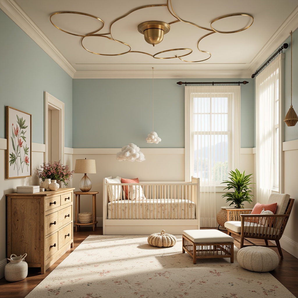 Prompt: Whimsical nursery, soft pastel hues, gentle cream walls, pale blue accents, warm golden lighting, delicate floral patterns, organic leaf shapes, intricate wooden furniture, ornate metal fixtures, plush velvet textiles, subtle sheen fabrics, dreamy cloud-inspired ceilings, elegant curves, vintage-inspired accessories, creamy whites, muted greens, soothing peach tones, romantic lace details, gentle morning light, shallow depth of field, 1/1 composition, warm atmospheric perspective.